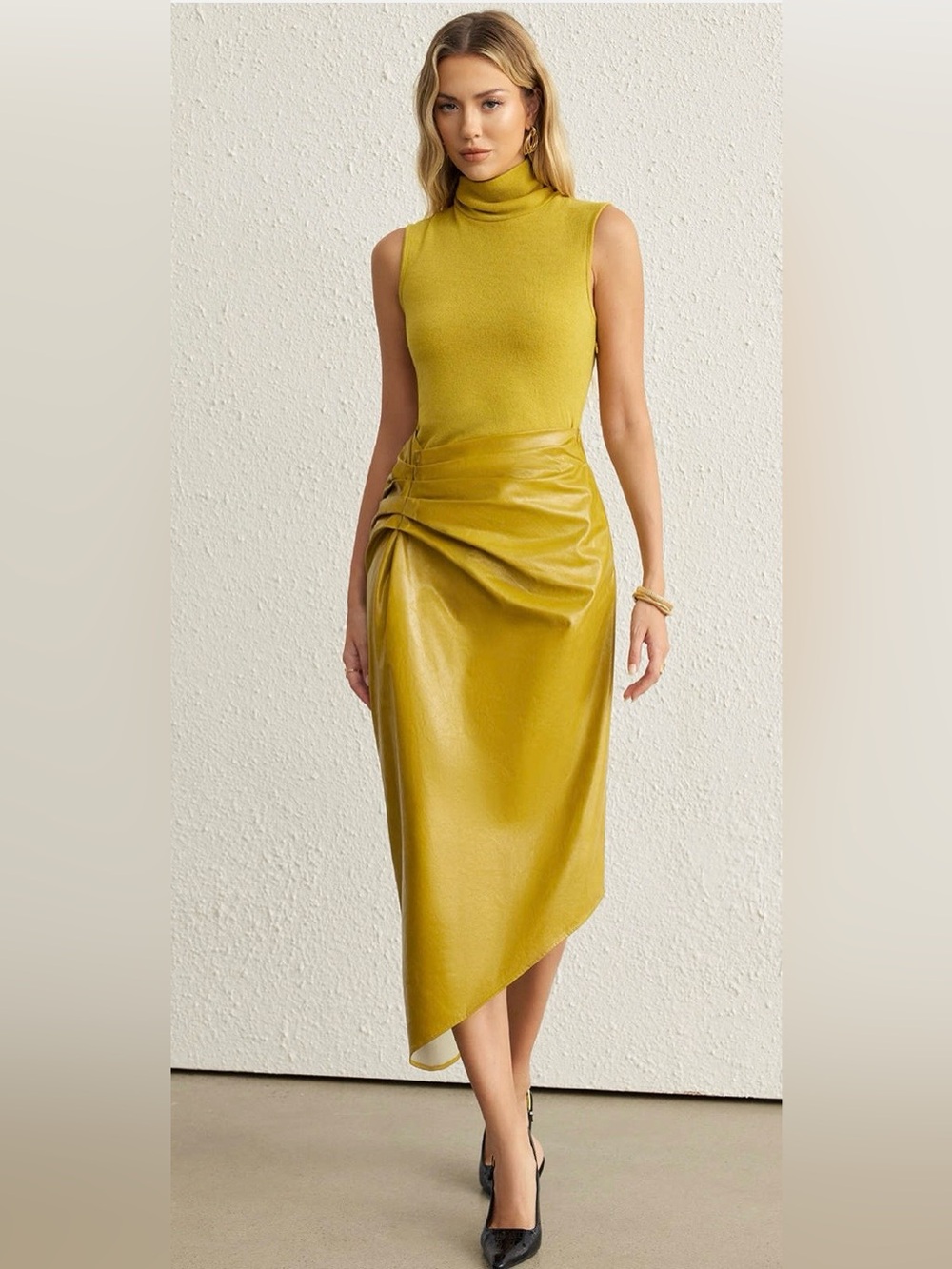 Faux Leather Patchwork High Neck Pleated Sleeveless Maxi Dress